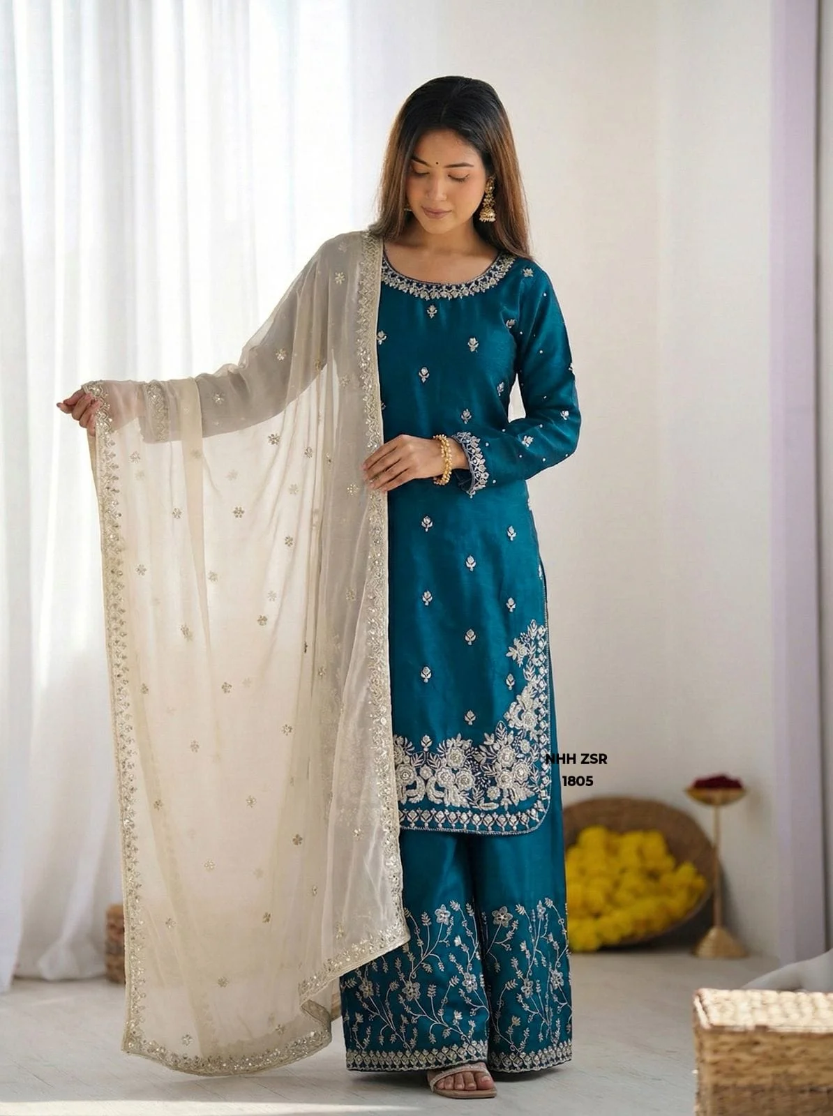 Teal Blue & Cream Silk Sharara Suit